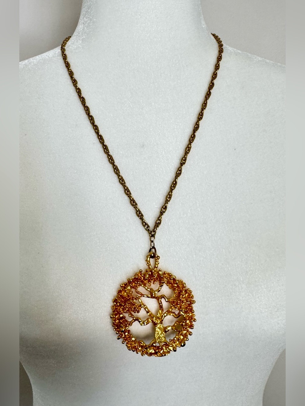 Vintage 70s Brutalist Tree of Life Statement Necklace 24" Gold Tone